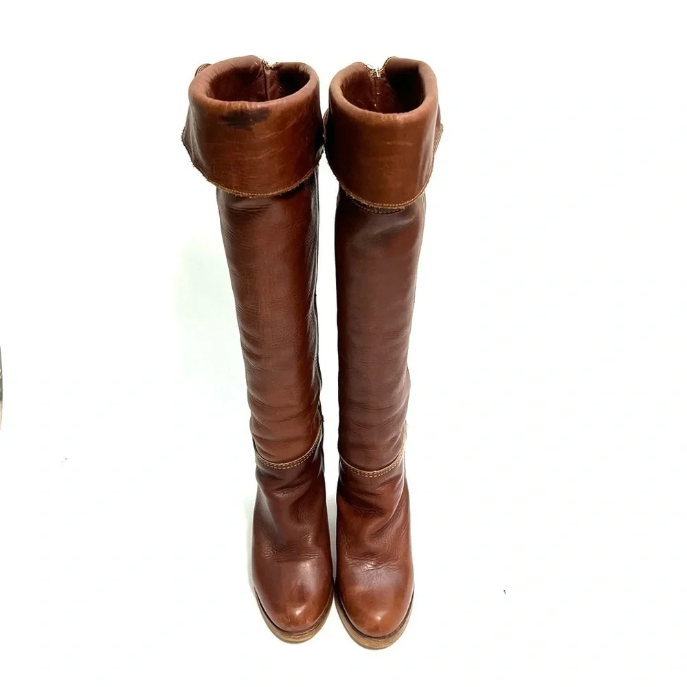 ZODIAC | Vintage 1970s brown leather over the knee logo fabric heeled boots